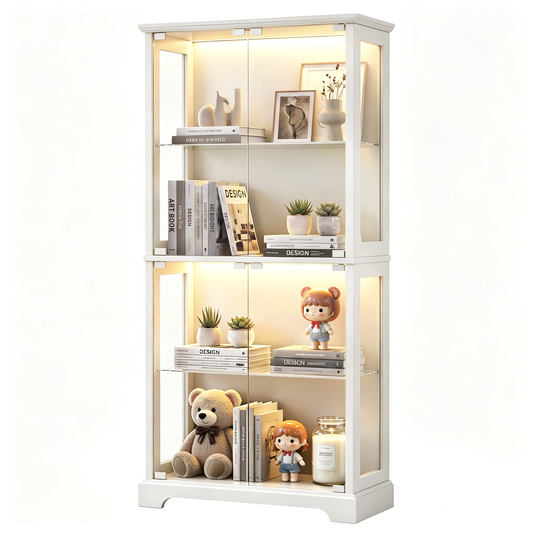 LUXAPA Display Cabinet with Glass Doors, 65" Storage Cabinet with LED Lights, 5-Tier Curio Cabinet & Bookshelf, Modern Collection Display Case for Living Room, Home Office, White