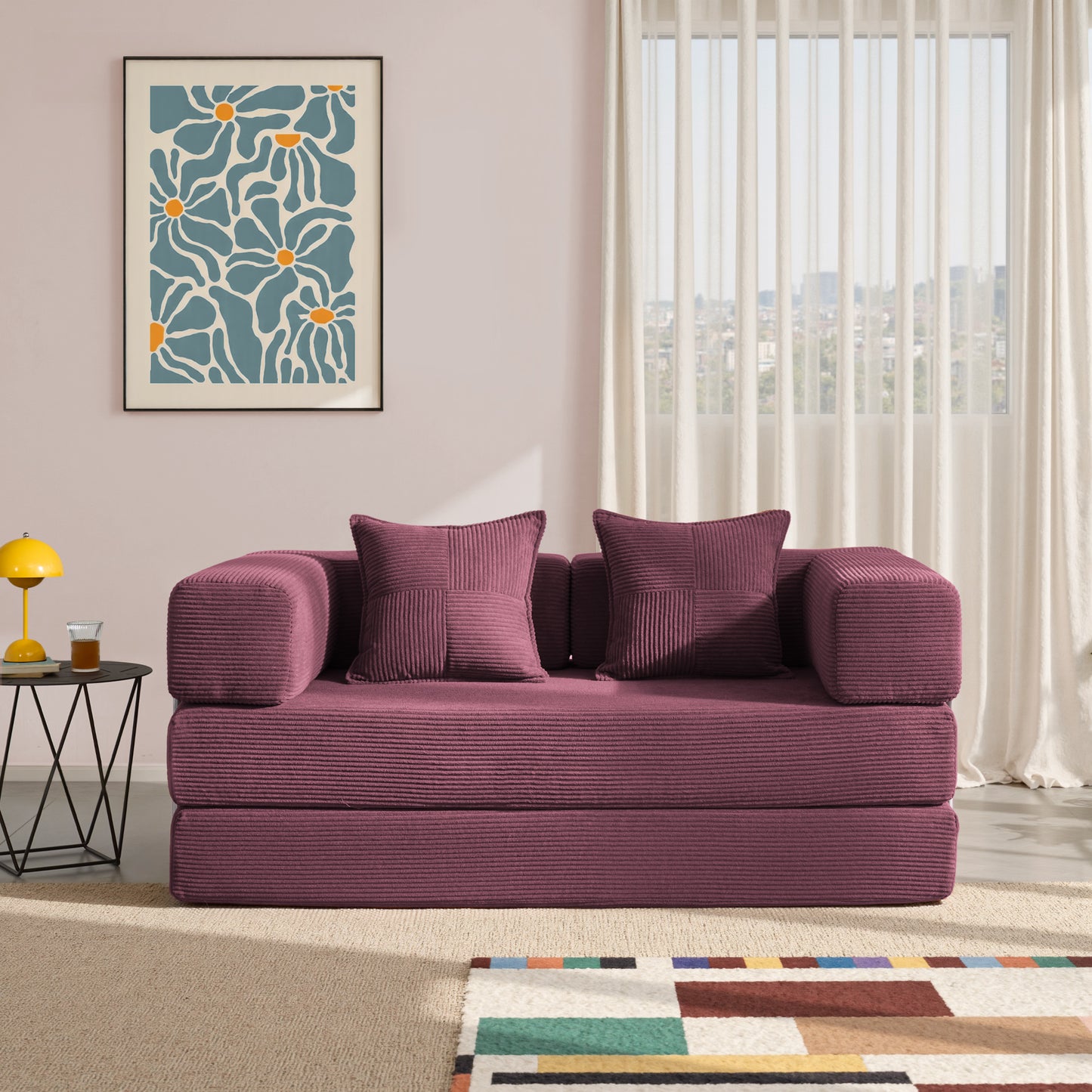 LUXAPA 62.9" Sleeper Sofa Bed, Comfy Modular 2-in-1 Convertible Couch, Corduroy Upholstered Loveseat, Deep Seat Sofa for Small Spaces, Modern Folding Guest Bed, No Assembly with 2 Pillows, Red