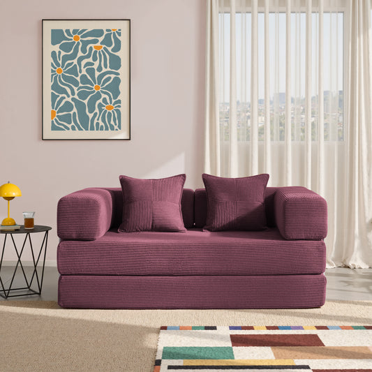 LUXAPA 62.9" Sleeper Sofa Bed, Comfy Modular 2-in-1 Convertible Couch, Corduroy Upholstered Loveseat, Deep Seat Sofa for Small Spaces, Modern Folding Guest Bed, No Assembly with 2 Pillows, Red