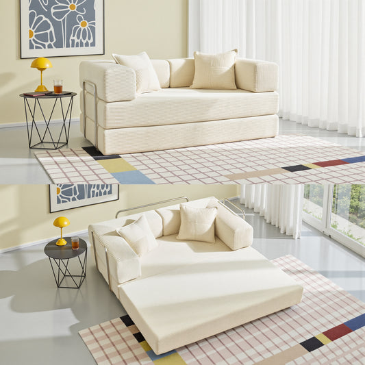 LUXAPA 62.9" Sleeper Sofa Bed, Comfy Modular 2-in-1 Convertible Couch, Corduroy Upholstered Loveseat, Deep Seat Sofa for Small Spaces, Modern Folding Guest Bed, No Assembly with 2 Pillows, Beige