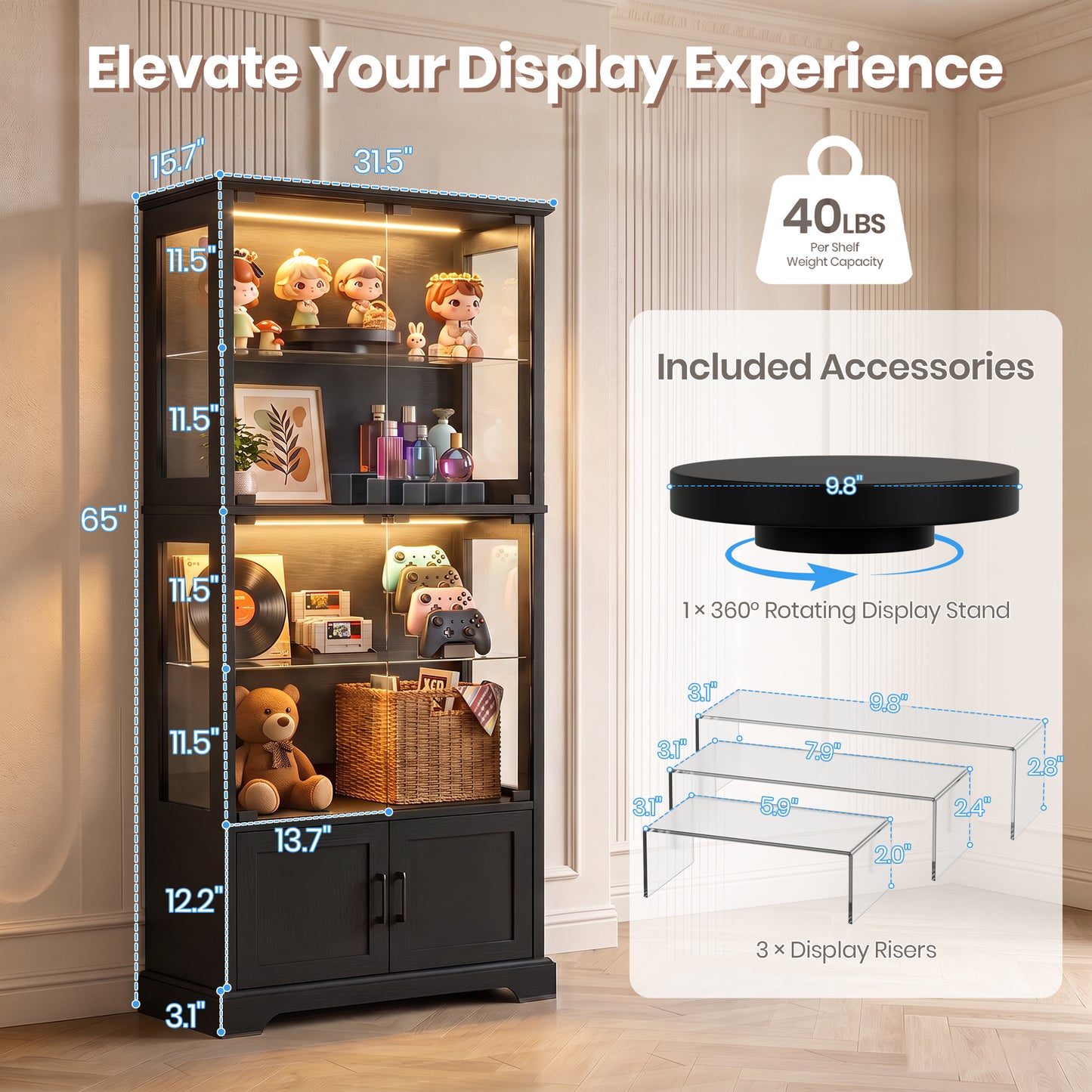 LUXAPA Display Cabinet with Glass Doors, 65" Storage Cabinet with LED Lights, 5-Tier Curio Cabinet & Bookshelf, Modern Collection Display Case for Living Room, Home Office, Black
