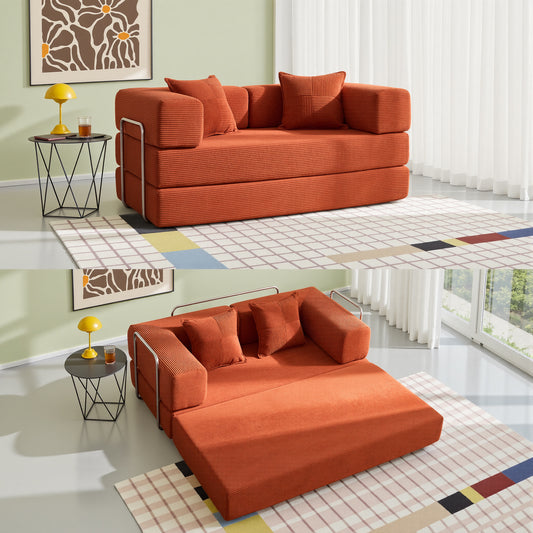 LUXAPA 62.9" Sleeper Sofa Bed, Comfy Modular 2-in-1 Convertible Couch, Corduroy Upholstered Loveseat, Deep Seat Sofa for Small Spaces, Modern Folding Guest Bed, No Assembly with 2 Pillows, Orange