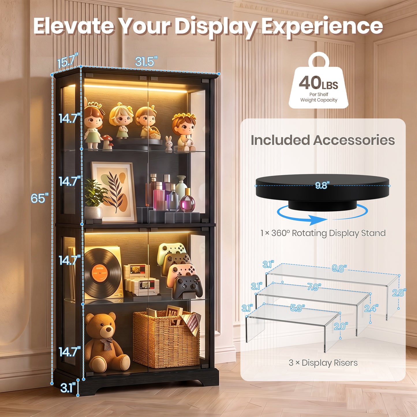 LUXAPA Display Cabinet with Glass Doors, 65" Storage Cabinet with LED Lights, 5-Tier Curio Cabinet & Bookshelf, Modern Collection Display Case for Living Room, Home Office, Black