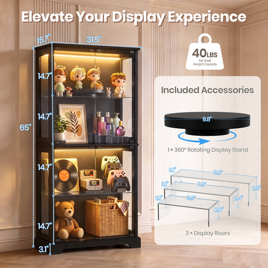LUXAPA Display Cabinet with Glass Doors, 65" Storage Cabinet with LED Lights, 5-Tier Curio Cabinet & Bookshelf, Modern Collection Display Case for Living Room, Home Office, Black