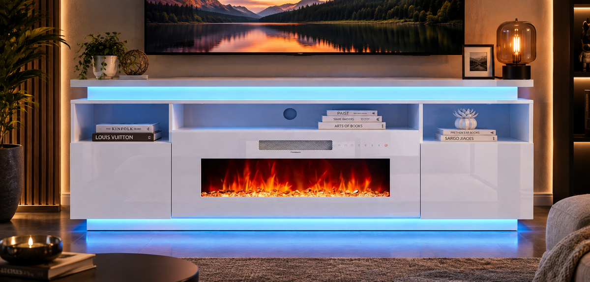 LUXAPA 67.5" Fireplace TV Stand with 36" Electric Fireplace, Entertainment Center for TVs, 8 Flame Colors, 12 Ambient Light Colors, Remote Control