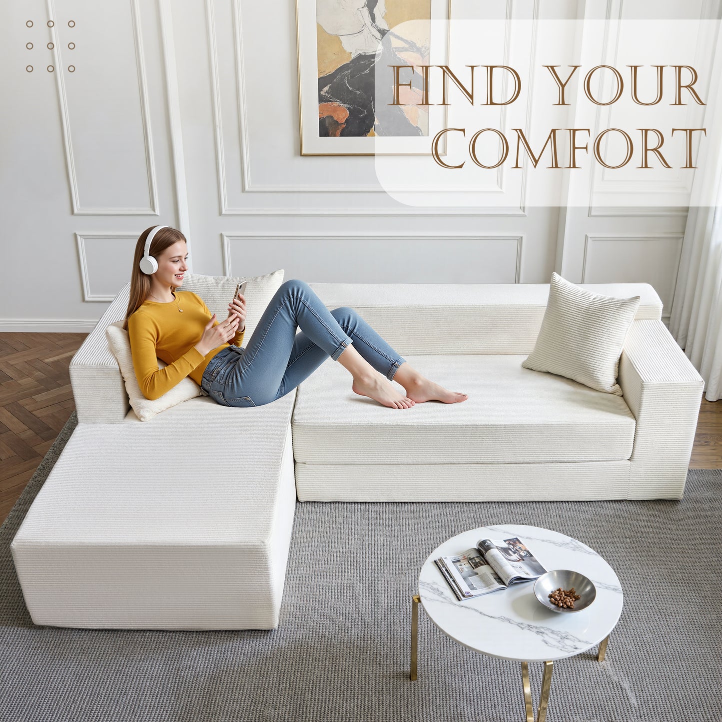 LUXAPA 106.5" Modular Sofa Couch for Living Room , Cloud L-Shaped Sofa with Deep Seating Upholstered, Green