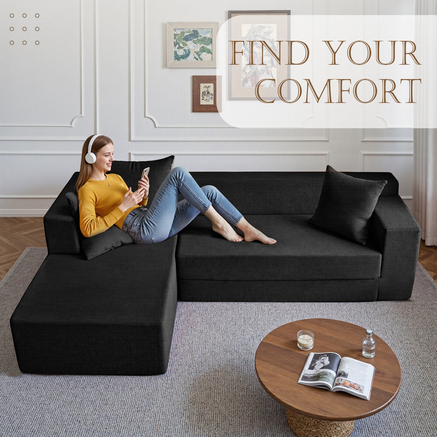 LUXAPA 106.5" Modular Sofa Couch for Living Room , Cloud L-Shaped Sofa with Deep Seating Upholstered, Black
