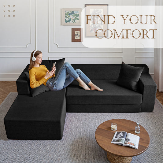 LUXAPA 106.5" Modular Sofa Couch for Living Room , Cloud L-Shaped Sofa with Deep Seating Upholstered, Black