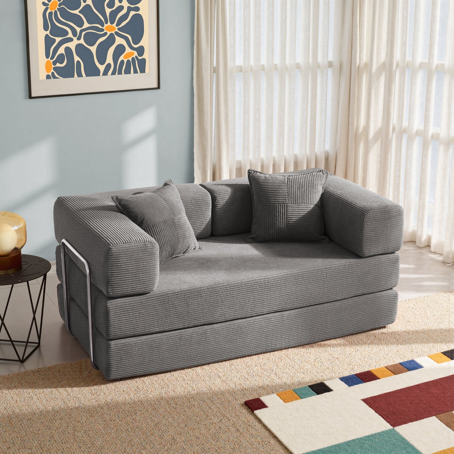 LUXAPA 62.9" Sleeper Sofa Bed, Comfy Modular 2-in-1 Convertible Couch, Corduroy Upholstered Loveseat, Deep Seat Sofa for Small Spaces, Modern Folding Guest Bed, No Assembly with 2 Pillows, Gray