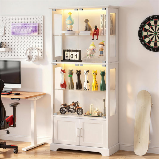 LUXAPA Display Cabinet with Glass Doors, 71" Storage Cabinet with LED Lights, 5-Tier Curio Cabinet & Bookshelf, Modern Collection Display Case for Living Room, Home Office, White