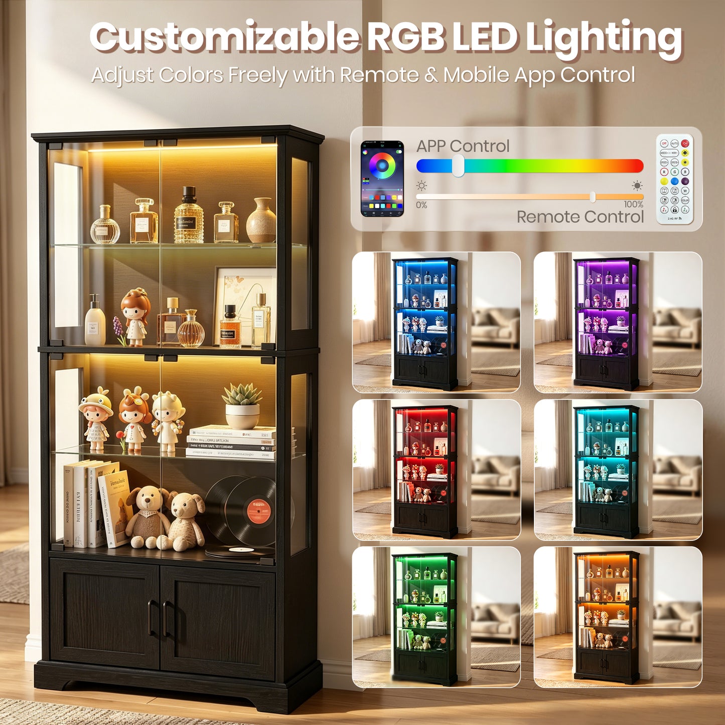 LUXAPA Display Cabinet with Glass Doors, 71" Storage Cabinet with LED Lights, 5-Tier Curio Cabinet & Bookshelf, Modern Collection Display Case for Living Room, Home Office, Black