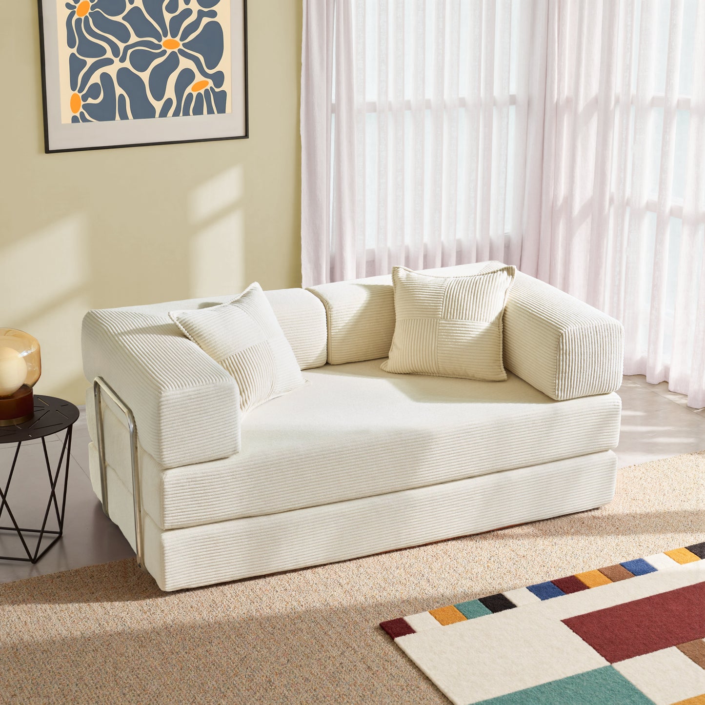 LUXAPA 62.9" Sleeper Sofa Bed, Comfy Modular 2-in-1 Convertible Couch, Corduroy Upholstered Loveseat, Deep Seat Sofa for Small Spaces, Modern Folding Guest Bed, No Assembly with 2 Pillows, Beige