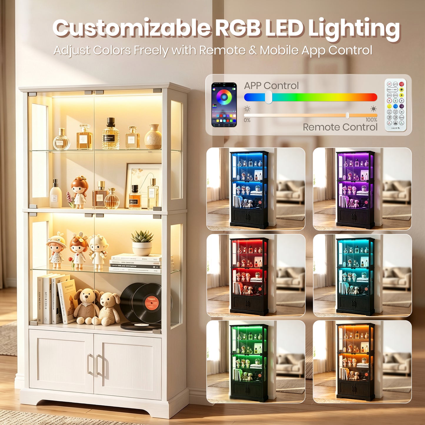 LUXAPA Display Cabinet with Glass Doors, 65" Storage Cabinet with LED Lights, 5-Tier Curio Cabinet & Bookshelf, Modern Collection Display Case for Living Room, Home Office, White