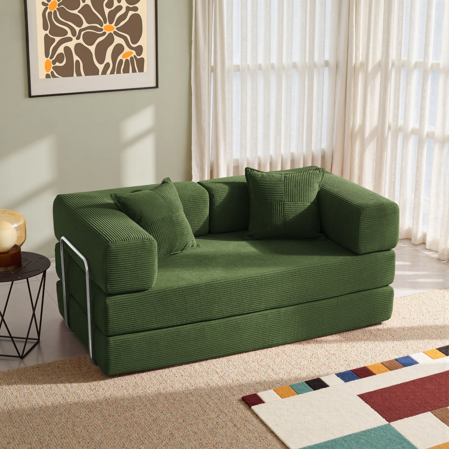 LUXAPA 62.9" Sleeper Sofa Bed, Comfy Modular 2-in-1 Convertible Couch, Corduroy Upholstered Loveseat, Deep Seat Sofa for Small Spaces, Modern Folding Guest Bed, No Assembly with 2 Pillows, Green