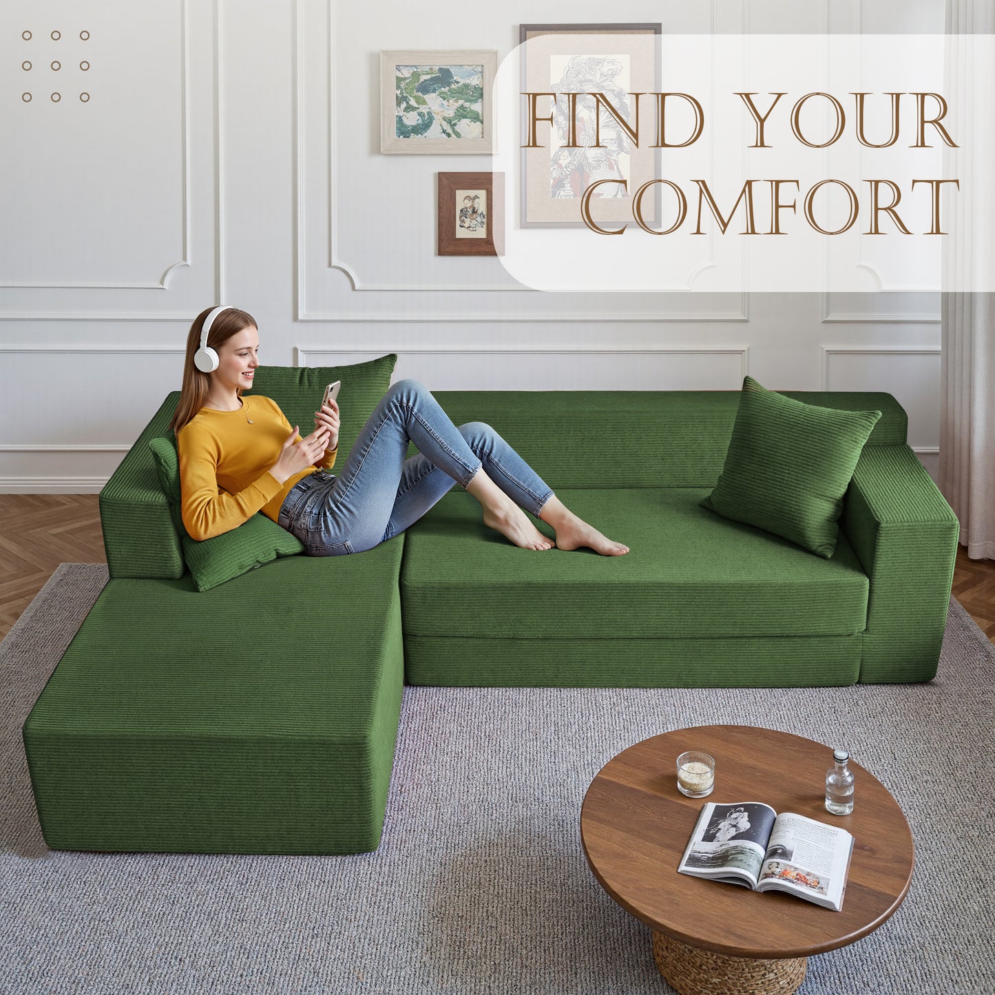 LUXAPA 106.5" Modular Sofa Couch for Living Room , Cloud L-Shaped Sofa with Deep Seating Upholstered, Green