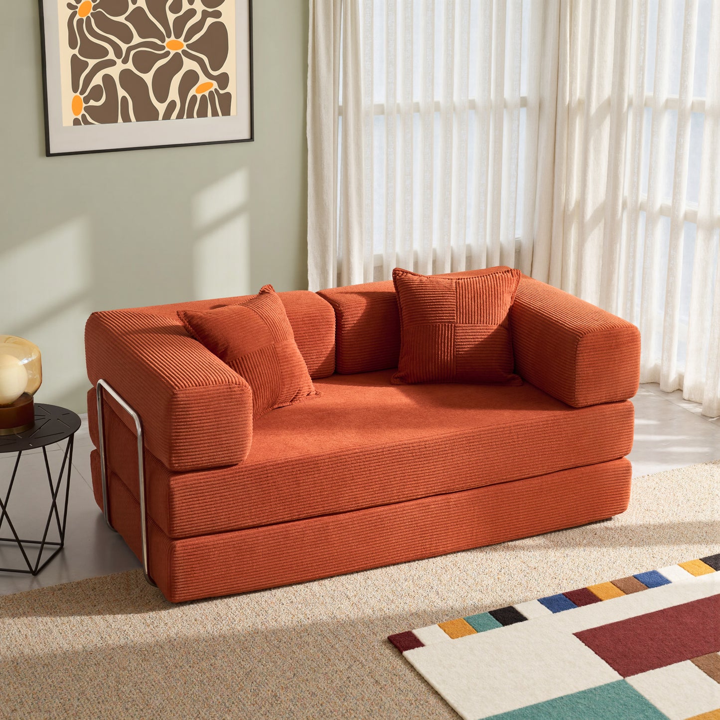 LUXAPA 62.9" Sleeper Sofa Bed, Comfy Modular 2-in-1 Convertible Couch, Corduroy Upholstered Loveseat, Deep Seat Sofa for Small Spaces, Modern Folding Guest Bed, No Assembly with 2 Pillows, Orange