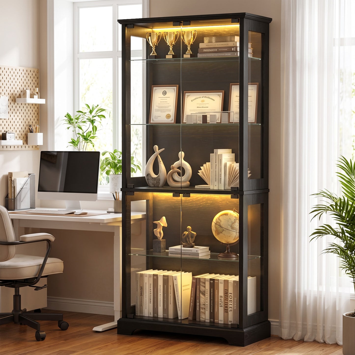 LUXAPA Display Cabinet with Glass Doors, 71" Storage Cabinet with LED Lights, 5-Tier Curio Cabinet & Bookshelf, Modern Collection Display Case for Living Room, Home Office, Black
