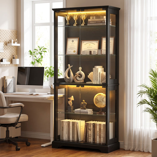 LUXAPA Display Cabinet with Glass Doors, 71" Storage Cabinet with LED Lights, 5-Tier Curio Cabinet & Bookshelf, Modern Collection Display Case for Living Room, Home Office, Black