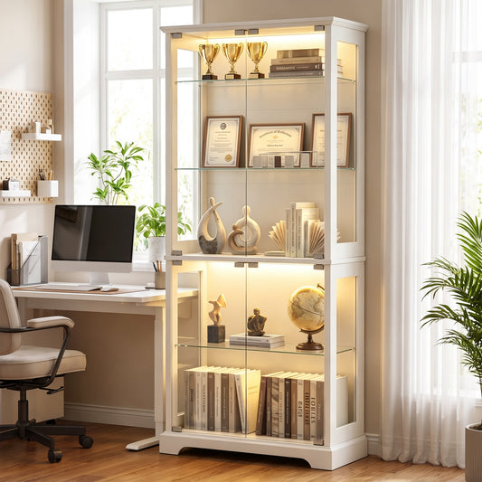 LUXAPA Display Cabinet with Glass Doors, 71" Storage Cabinet with LED Lights, 5-Tier Curio Cabinet & Bookshelf, Modern Collection Display Case for Living Room, Home Office, White