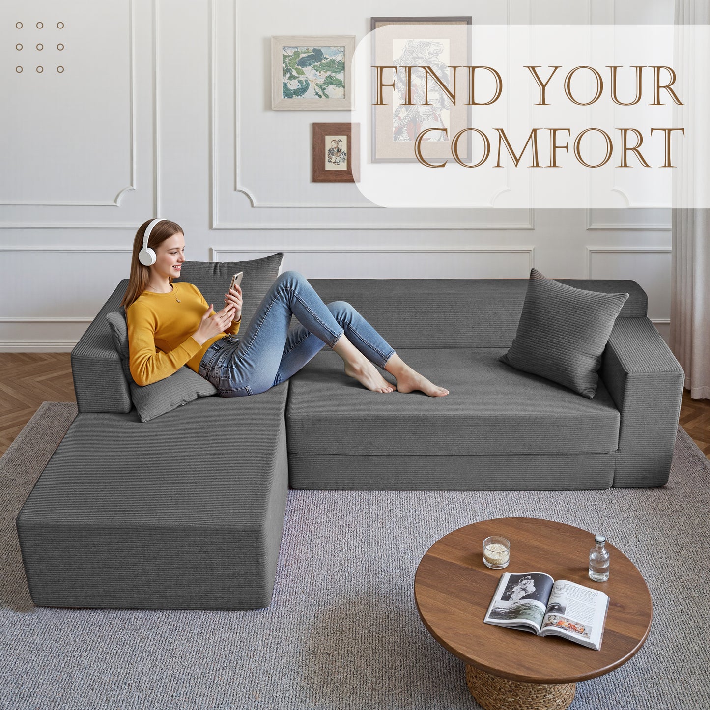 LUXAPA 106.5" Modular Sectional Sofa for Living Room , Cloud L-Shaped Sofa Couch with Deep Seating Upholstered, Gray