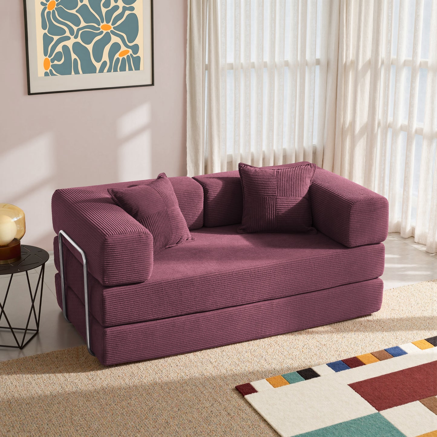 LUXAPA 62.9" Sleeper Sofa Bed, Comfy Modular 2-in-1 Convertible Couch, Corduroy Upholstered Loveseat, Deep Seat Sofa for Small Spaces, Modern Folding Guest Bed, No Assembly with 2 Pillows, Red