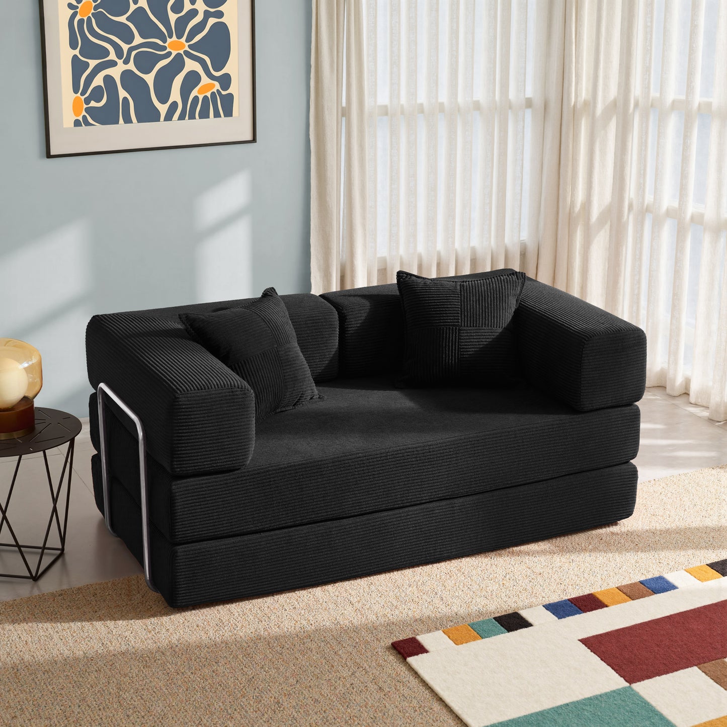 LUXAPA 62.9" Sleeper Sofa Bed, Comfy Modular 2-in-1 Convertible Couch, Corduroy Upholstered Loveseat, Deep Seat Sofa for Small Spaces, Modern Folding Guest Bed, No Assembly with 2 Pillows, Black