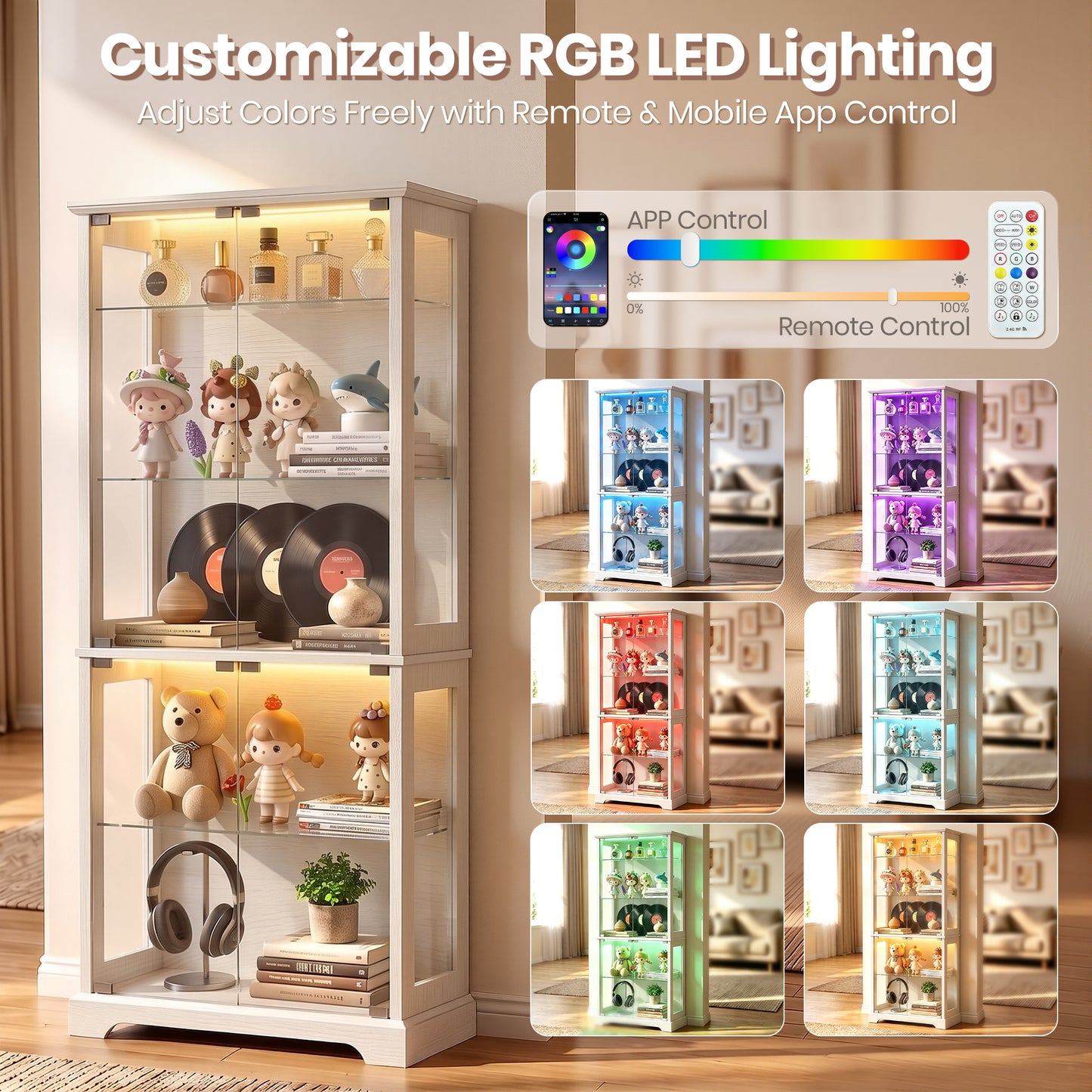 LUXAPA Display Cabinet with Glass Doors, 71" Storage Cabinet with LED Lights, 5-Tier Curio Cabinet & Bookshelf, Modern Collection Display Case for Living Room, Home Office, White