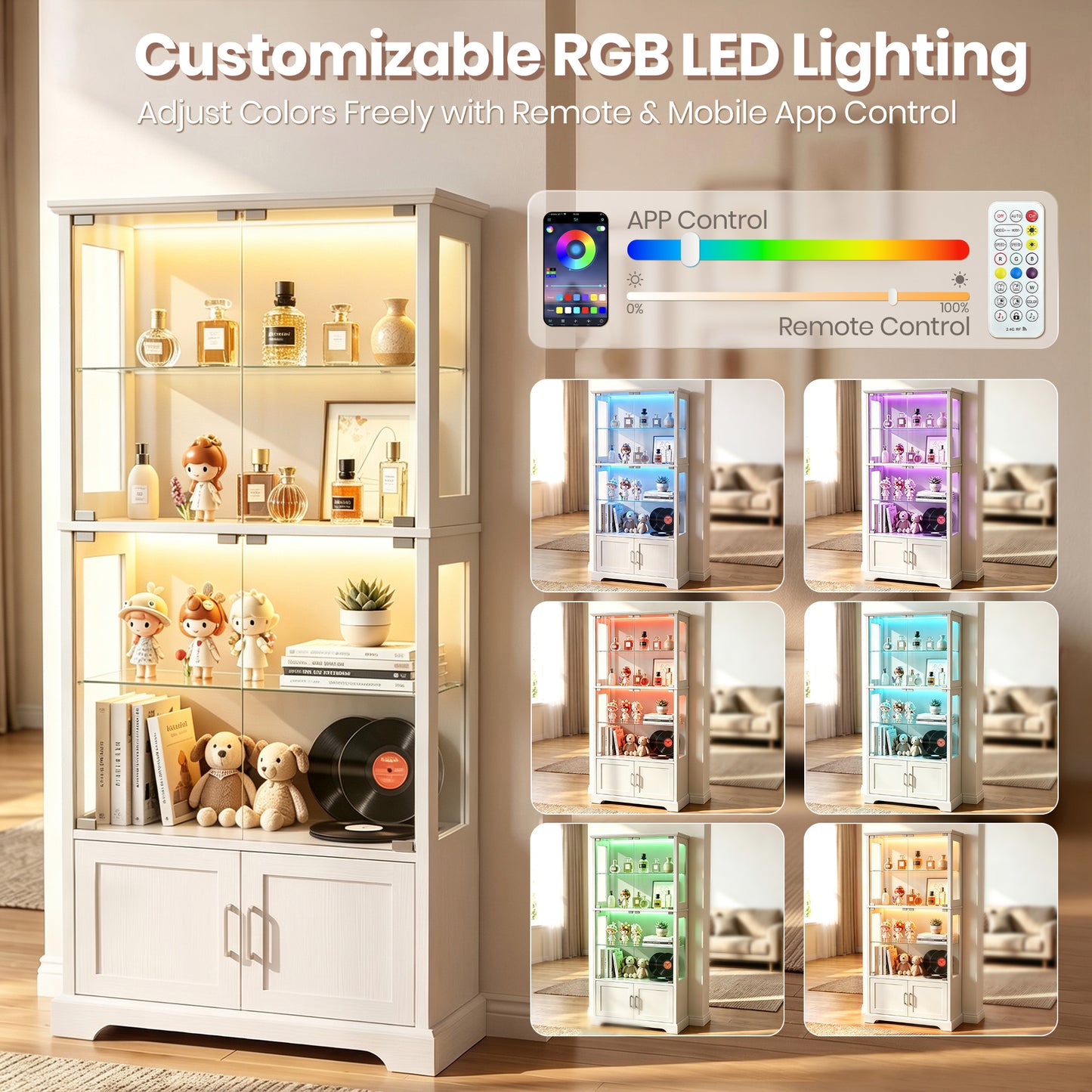 LUXAPA Display Cabinet with Glass Doors, 71" Storage Cabinet with LED Lights, 5-Tier Curio Cabinet & Bookshelf, Modern Collection Display Case for Living Room, Home Office, White