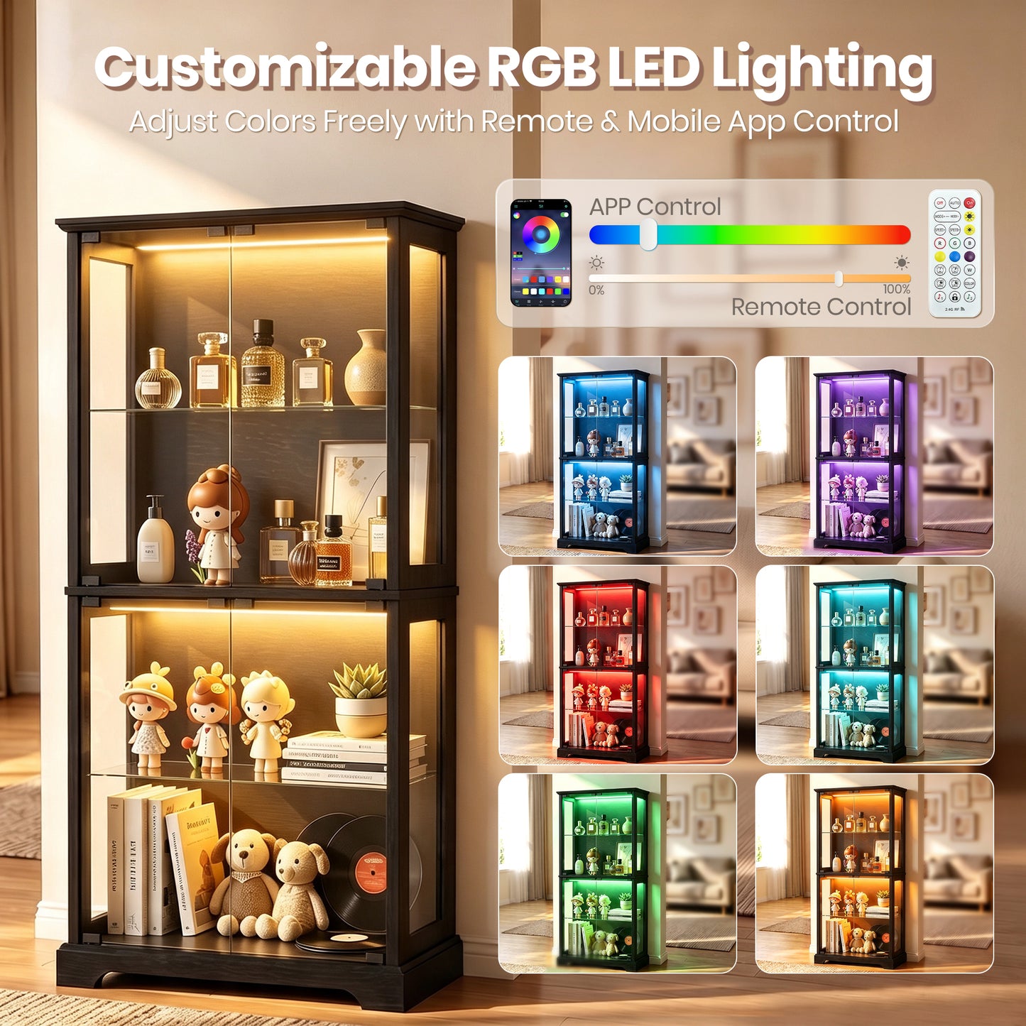 LUXAPA Display Cabinet with Glass Doors, 65" Storage Cabinet with LED Lights, 5-Tier Curio Cabinet & Bookshelf, Modern Collection Display Case for Living Room, Home Office, Black