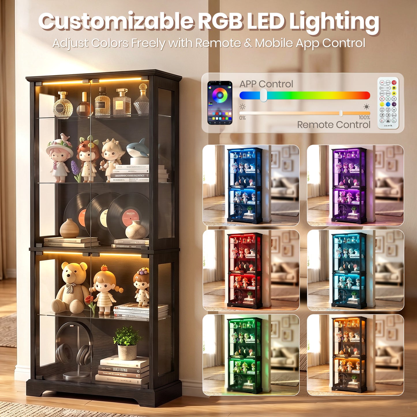 LUXAPA Display Cabinet with Glass Doors, 71" Storage Cabinet with LED Lights, 5-Tier Curio Cabinet & Bookshelf, Modern Collection Display Case for Living Room, Home Office, Black