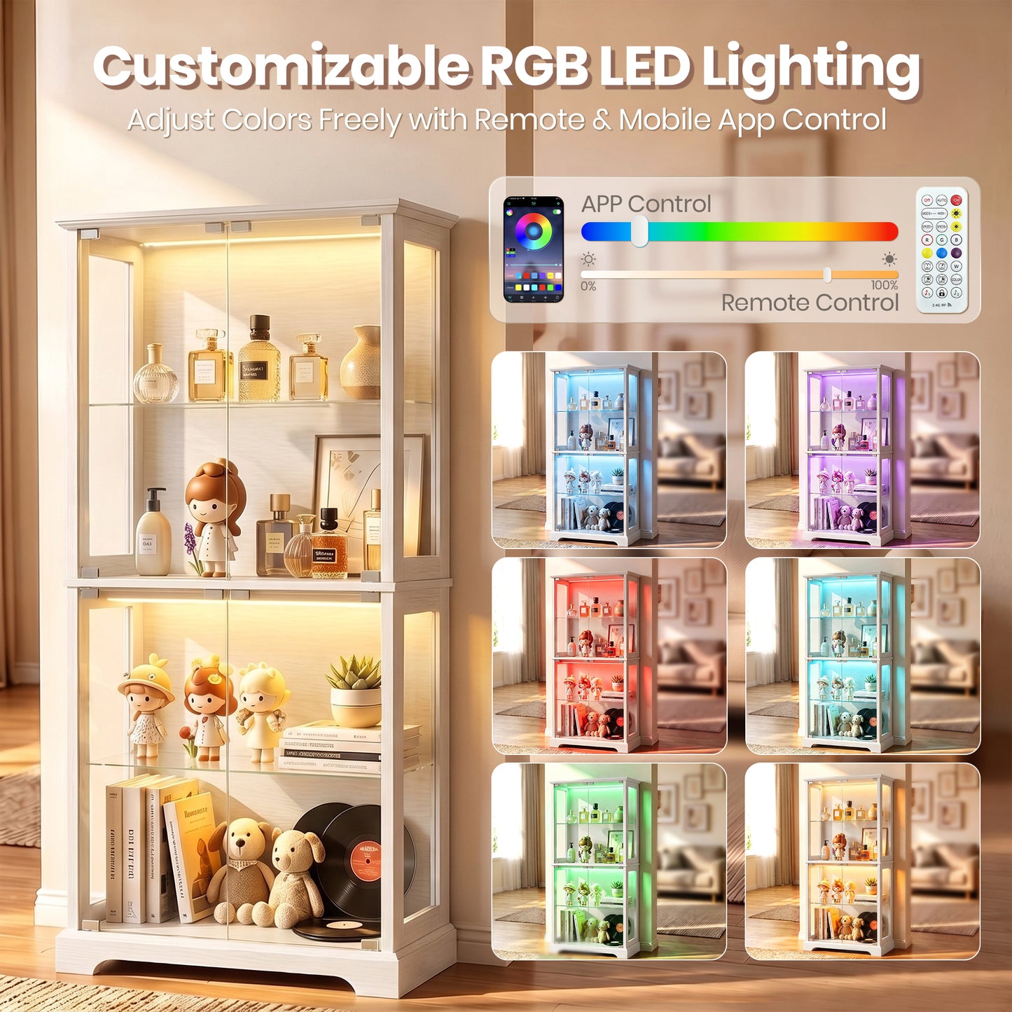 LUXAPA Display Cabinet with Glass Doors, 65" Storage Cabinet with LED Lights, 5-Tier Curio Cabinet & Bookshelf, Modern Collection Display Case for Living Room, Home Office, White