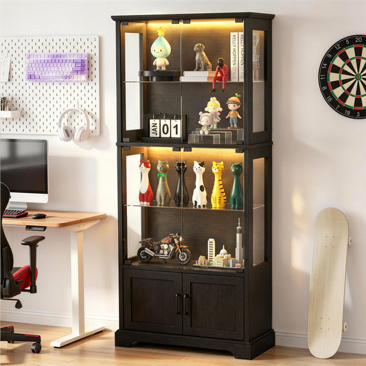 LUXAPA Display Cabinet with Glass Doors, 71" Storage Cabinet with LED Lights, 5-Tier Curio Cabinet & Bookshelf, Modern Collection Display Case for Living Room, Home Office, Black