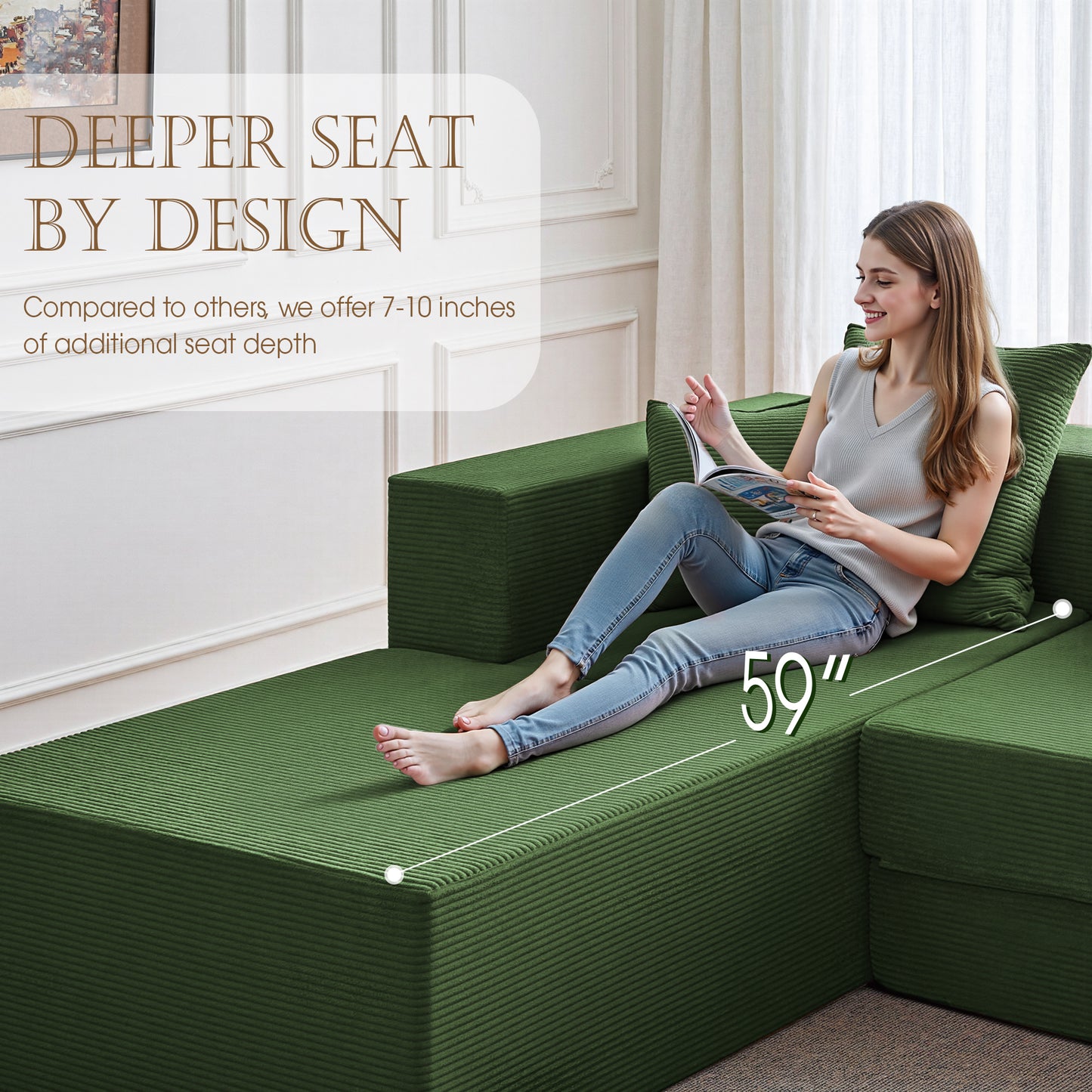 LUXAPA 106.5" Modular Sofa Couch for Living Room , Cloud L-Shaped Sofa with Deep Seating Upholstered, Green
