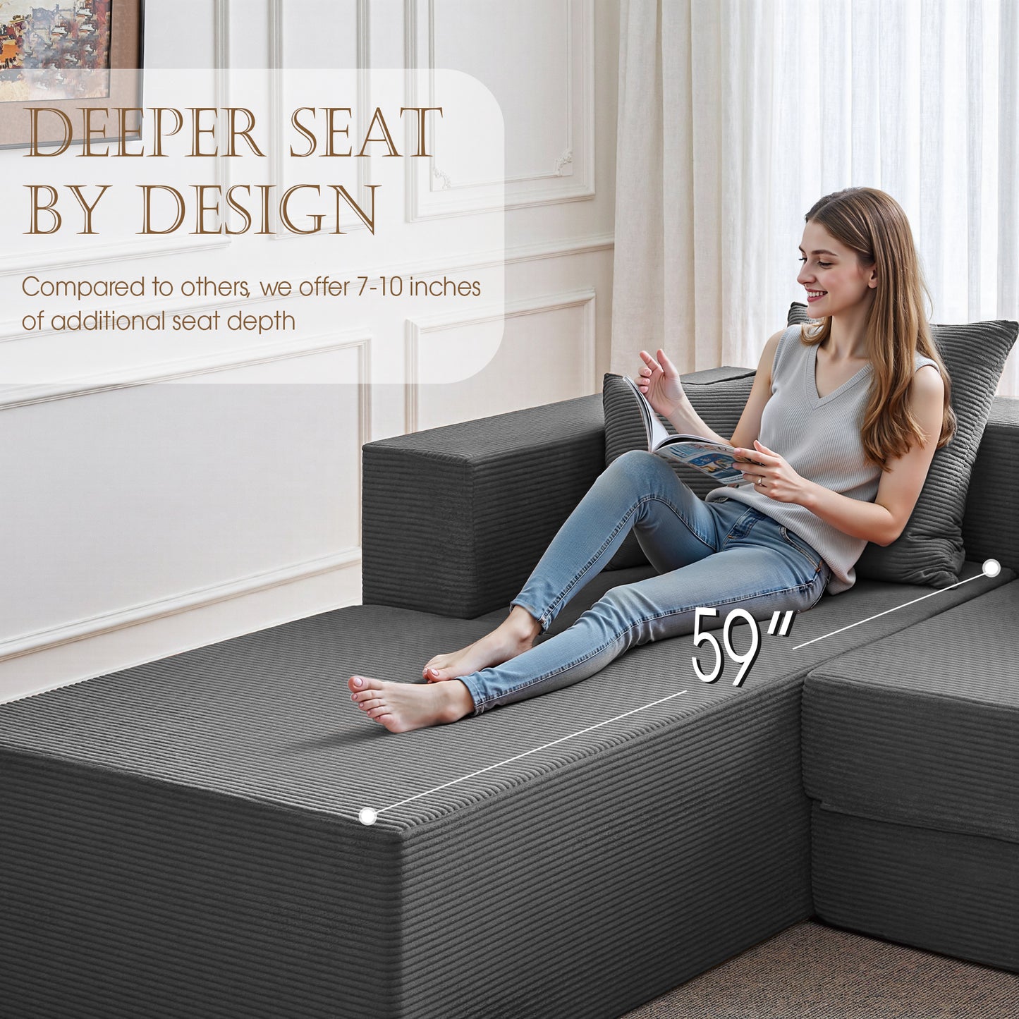 LUXAPA 106.5" Modular Sectional Sofa for Living Room , Cloud L-Shaped Sofa Couch with Deep Seating Upholstered, Gray