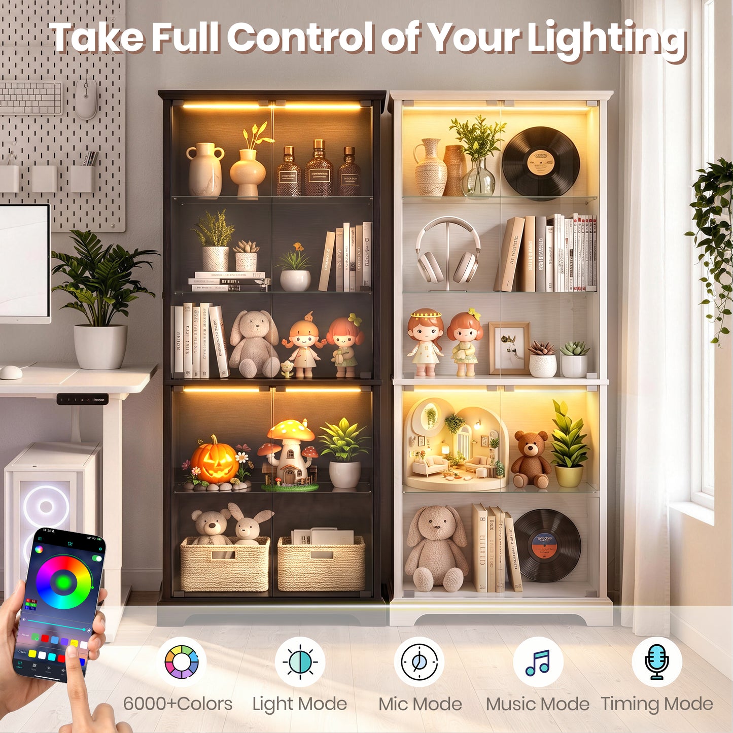 LUXAPA Display Cabinet with Glass Doors, 71" Storage Cabinet with LED Lights, 5-Tier Curio Cabinet & Bookshelf, Modern Collection Display Case for Living Room, Home Office, White