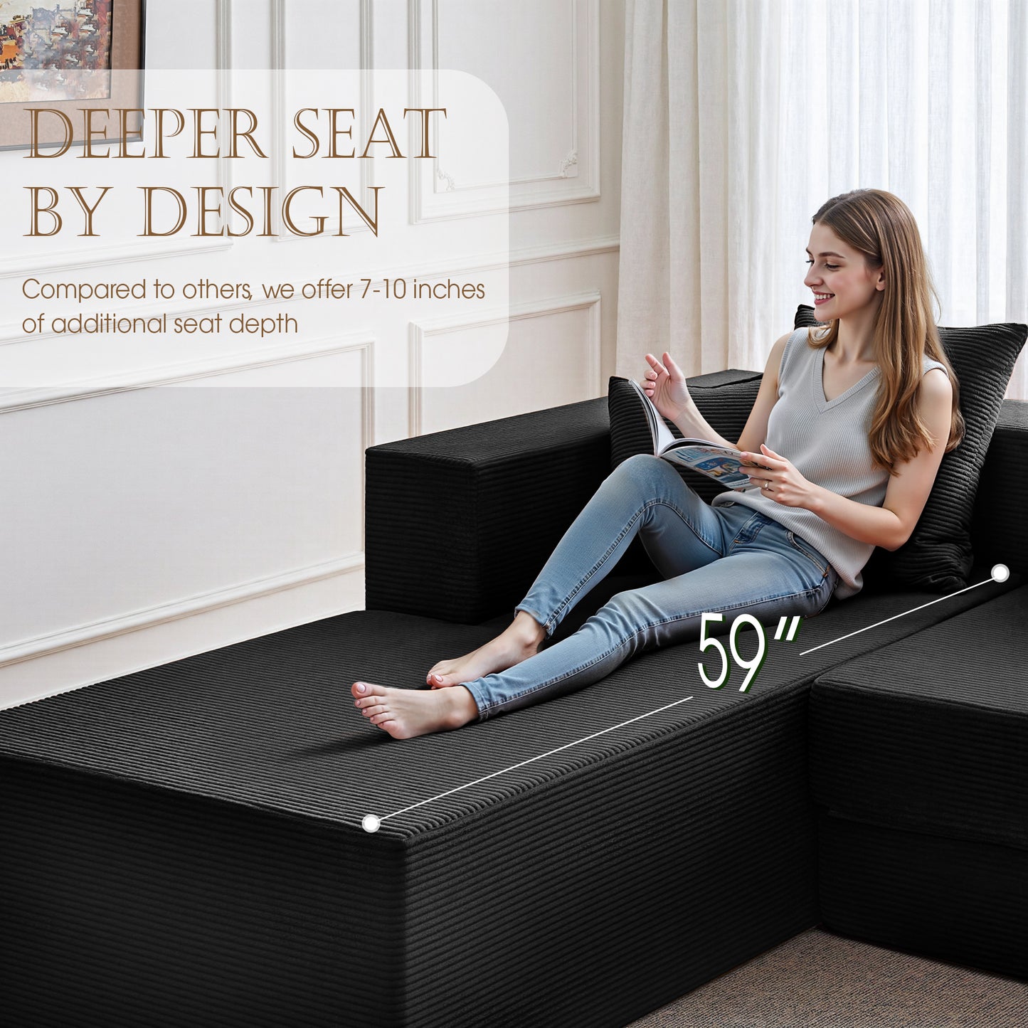 LUXAPA 106.5" Modular Sofa Couch for Living Room , Cloud L-Shaped Sofa with Deep Seating Upholstered, Black