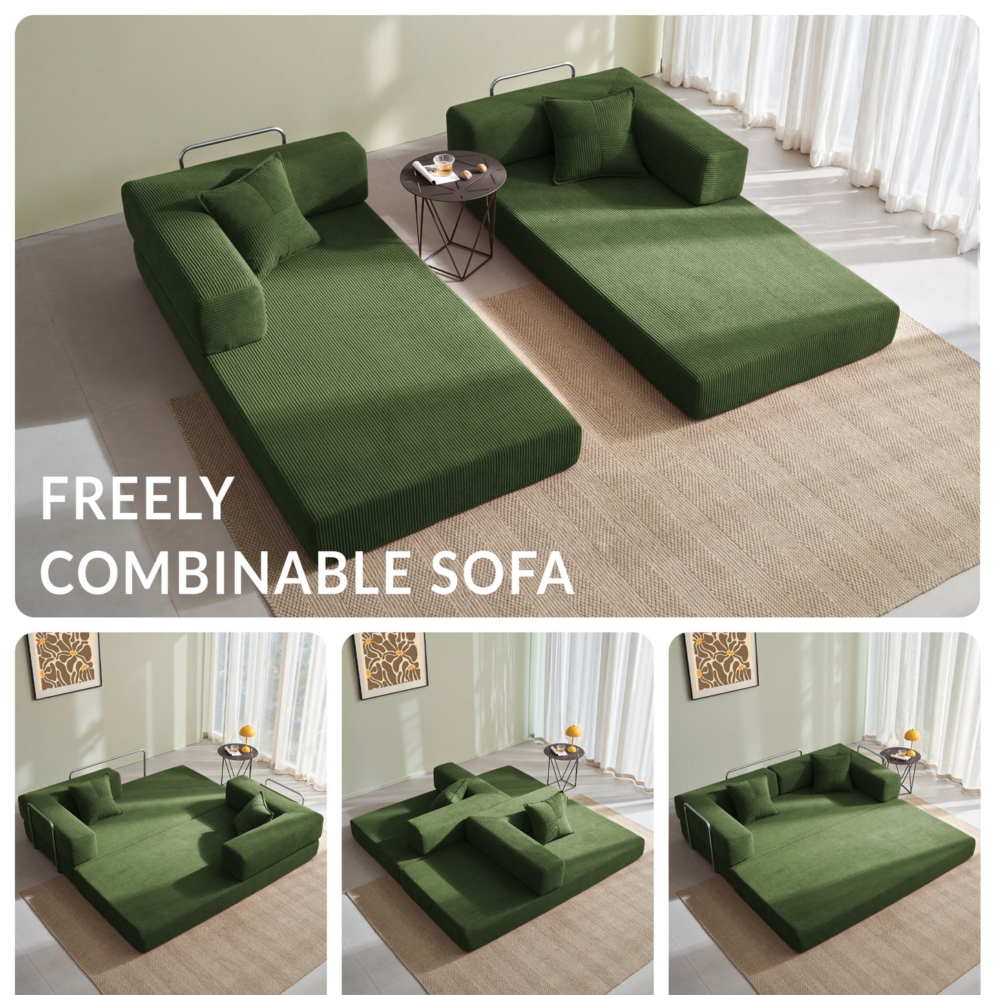 LUXAPA 62.9" Sleeper Sofa Bed, Comfy Modular 2-in-1 Convertible Couch, Corduroy Upholstered Loveseat, Deep Seat Sofa for Small Spaces, Modern Folding Guest Bed, No Assembly with 2 Pillows, Green
