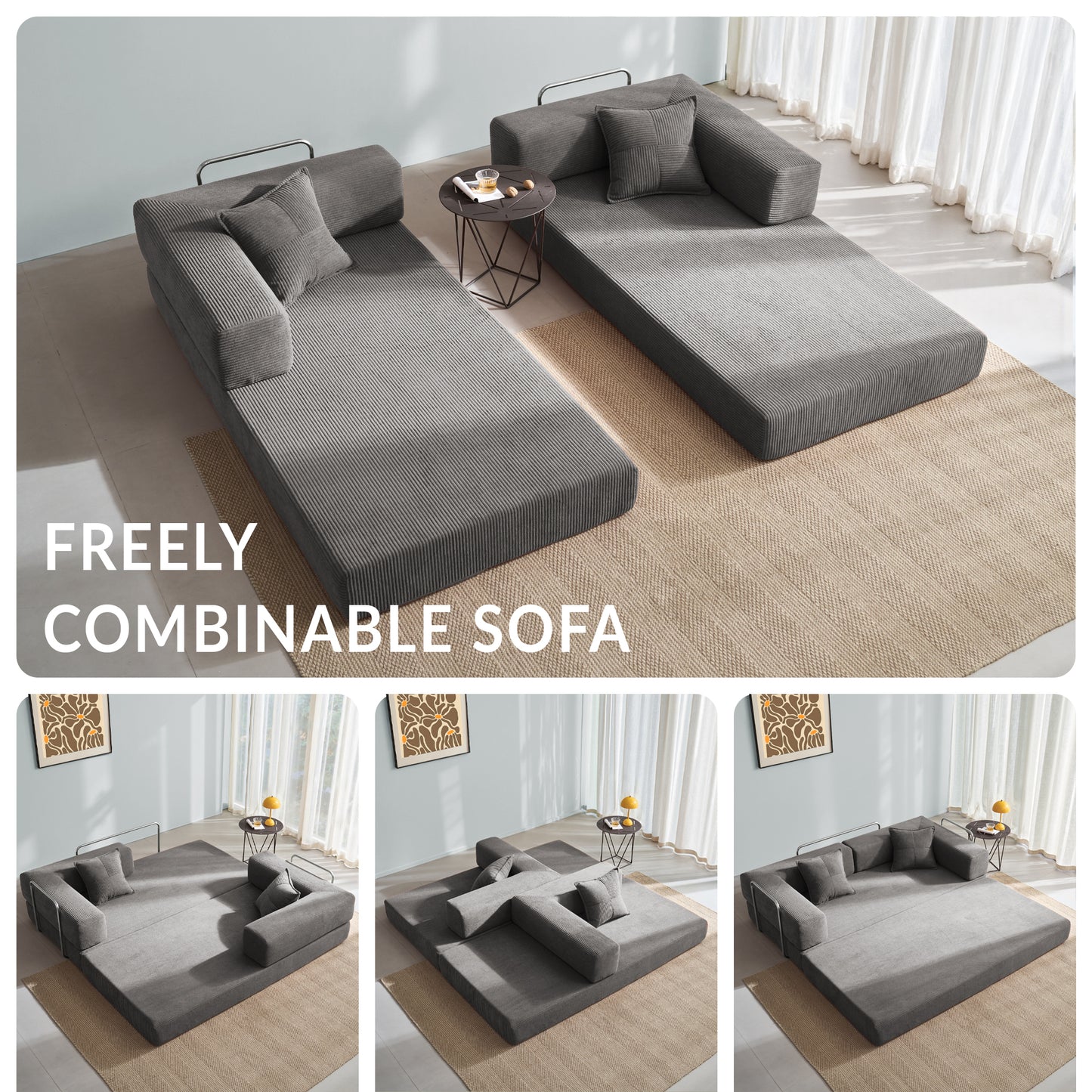 LUXAPA 62.9" Sleeper Sofa Bed, Comfy Modular 2-in-1 Convertible Couch, Corduroy Upholstered Loveseat, Deep Seat Sofa for Small Spaces, Modern Folding Guest Bed, No Assembly with 2 Pillows, Gray