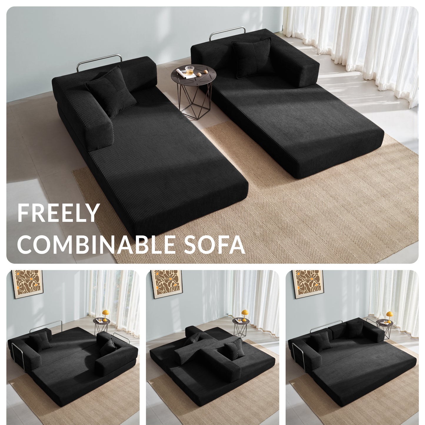 LUXAPA 62.9" Sleeper Sofa Bed, Comfy Modular 2-in-1 Convertible Couch, Corduroy Upholstered Loveseat, Deep Seat Sofa for Small Spaces, Modern Folding Guest Bed, No Assembly with 2 Pillows, Black