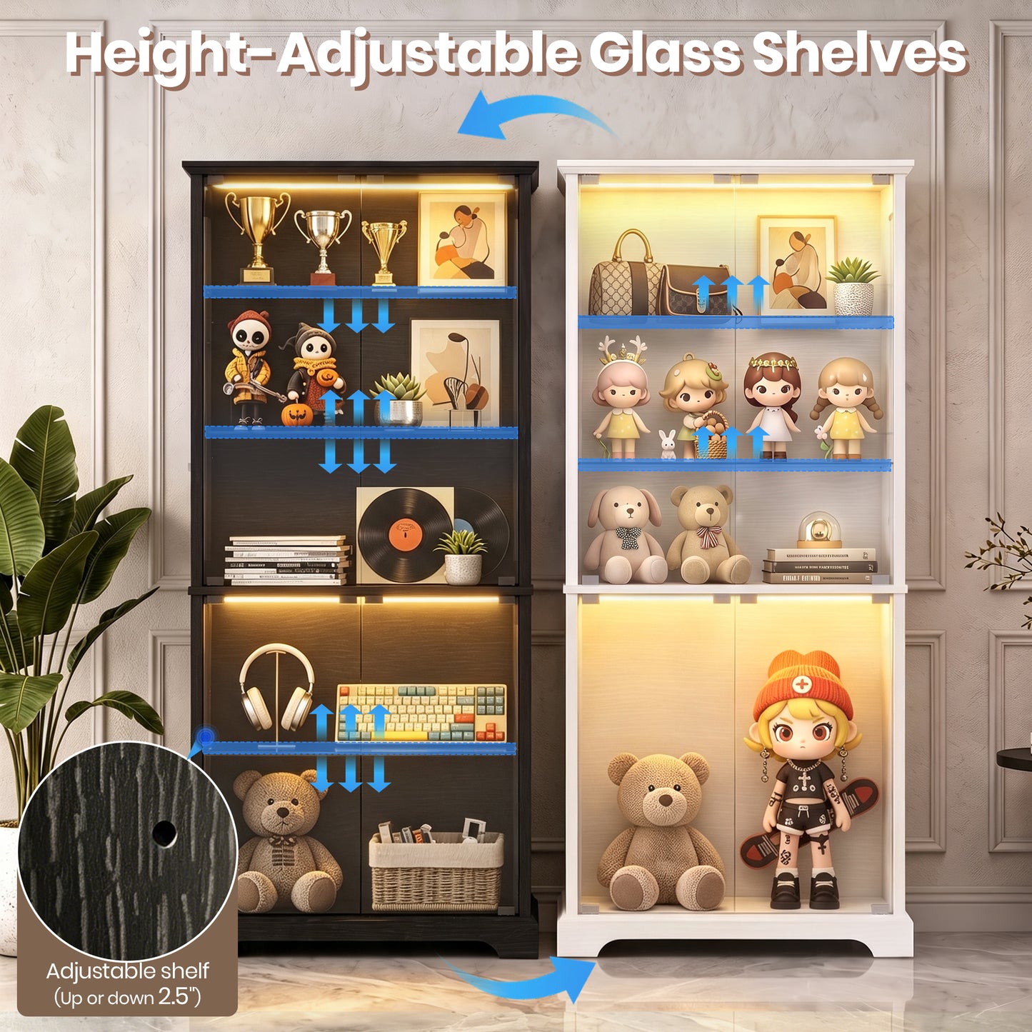 LUXAPA Display Cabinet with Glass Doors, 71" Storage Cabinet with LED Lights, 5-Tier Curio Cabinet & Bookshelf, Modern Collection Display Case for Living Room, Home Office, White