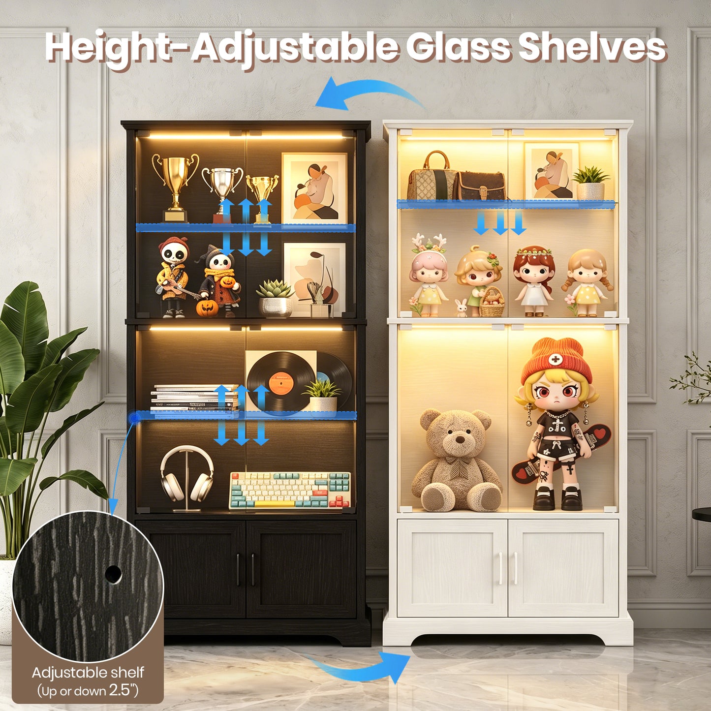 LUXAPA Display Cabinet with Glass Doors, 65" Storage Cabinet with LED Lights, 5-Tier Curio Cabinet & Bookshelf, Modern Collection Display Case for Living Room, Home Office, White