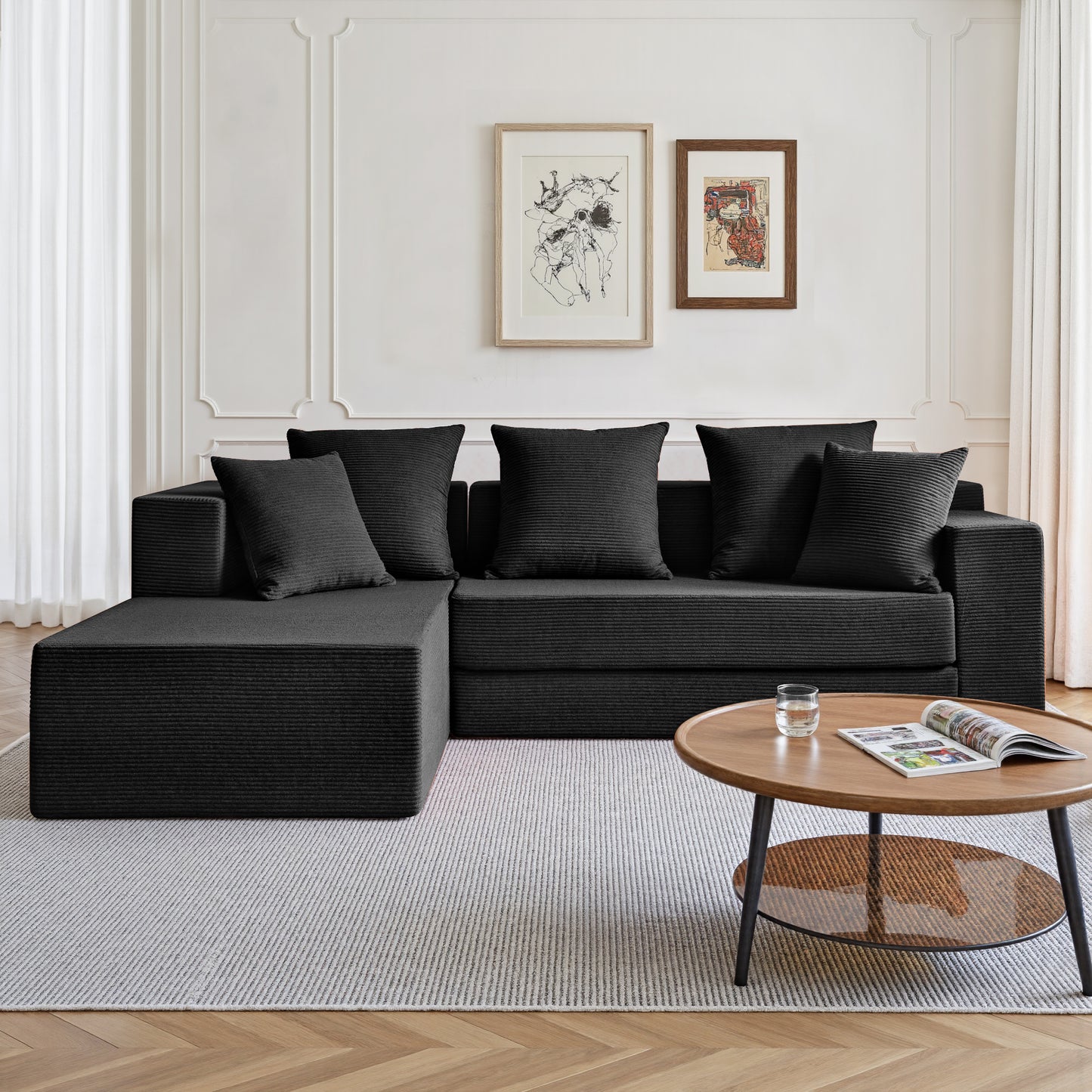 LUXAPA 106.5" Modular Sofa Couch for Living Room , Cloud L-Shaped Sofa with Deep Seating Upholstered, Black