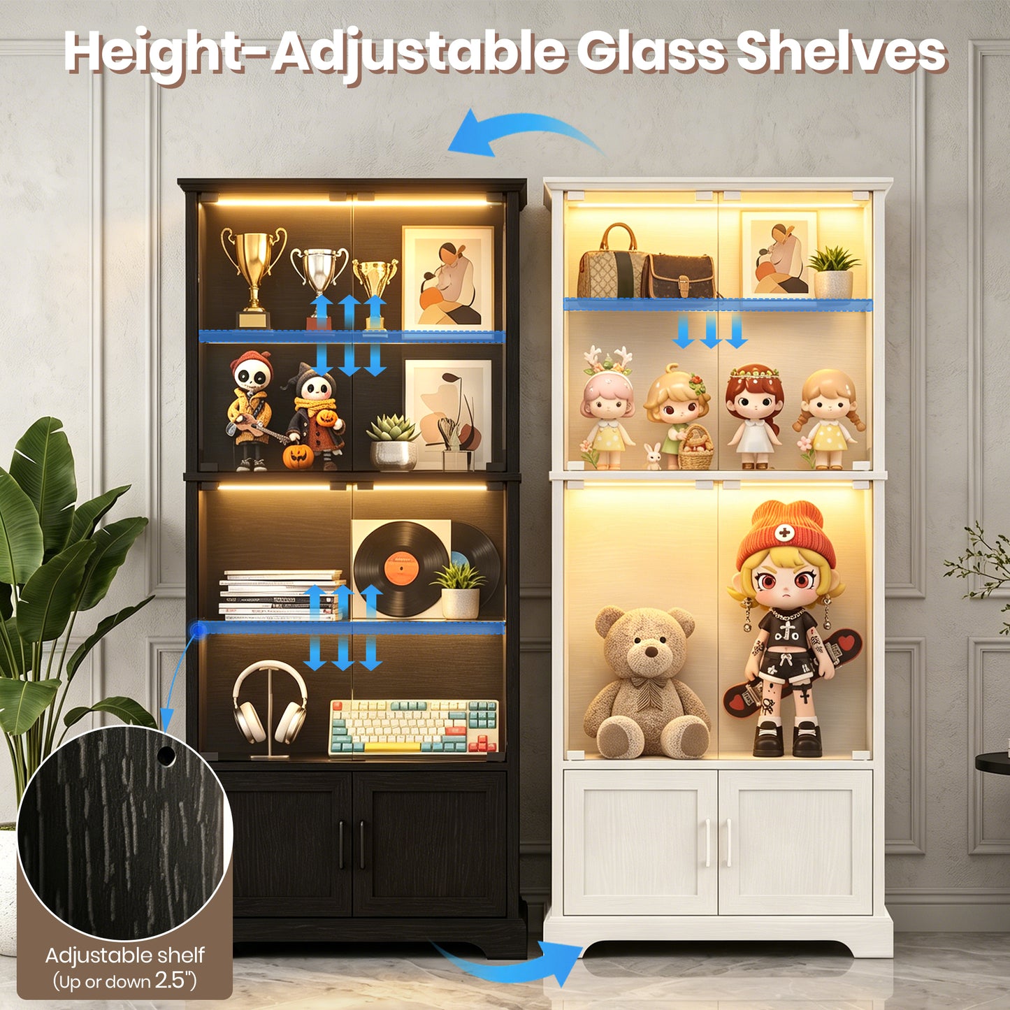 LUXAPA Display Cabinet with Glass Doors, 71" Storage Cabinet with LED Lights, 5-Tier Curio Cabinet & Bookshelf, Modern Collection Display Case for Living Room, Home Office, White
