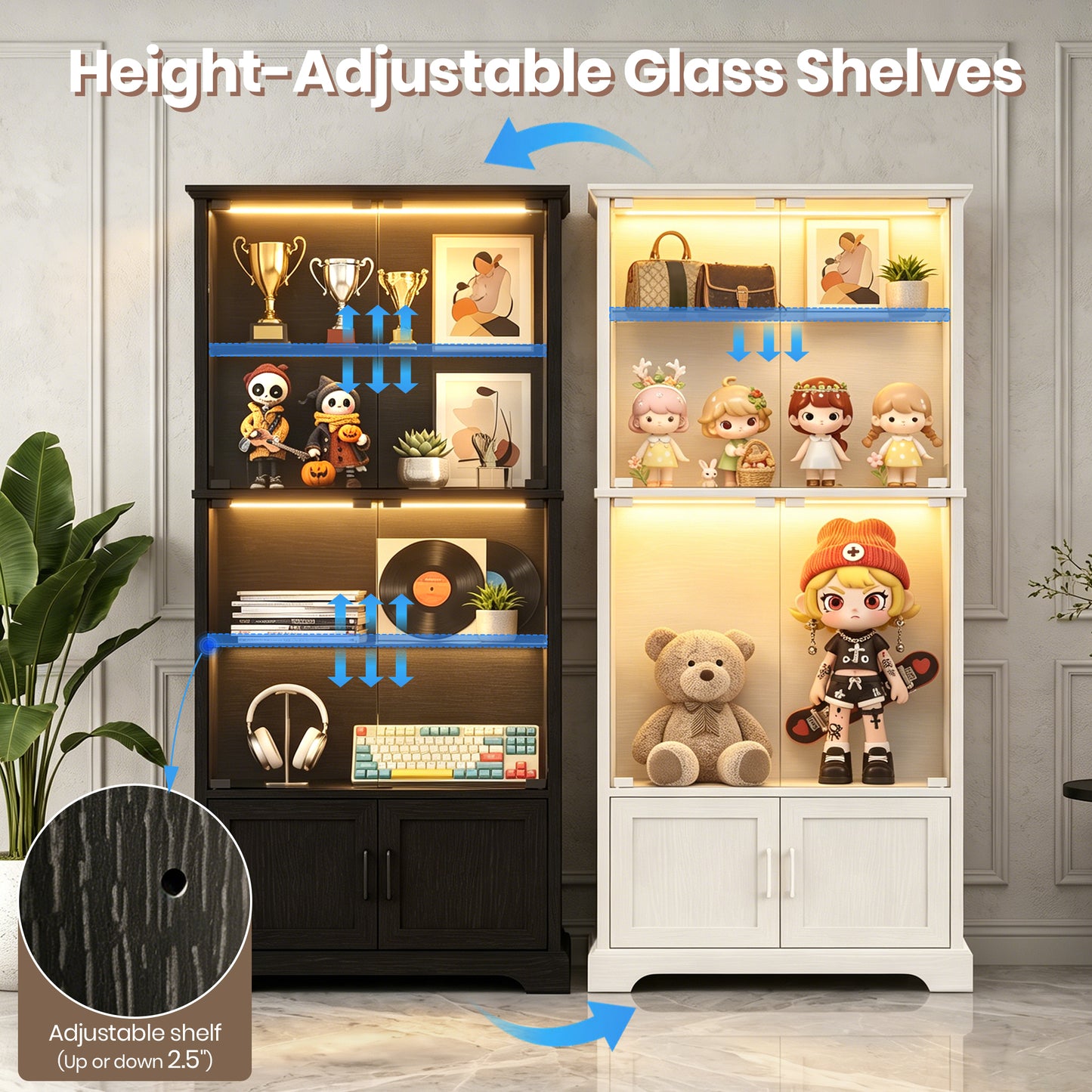 LUXAPA Display Cabinet with Glass Doors, 65" Storage Cabinet with LED Lights, 5-Tier Curio Cabinet & Bookshelf, Modern Collection Display Case for Living Room, Home Office, Black