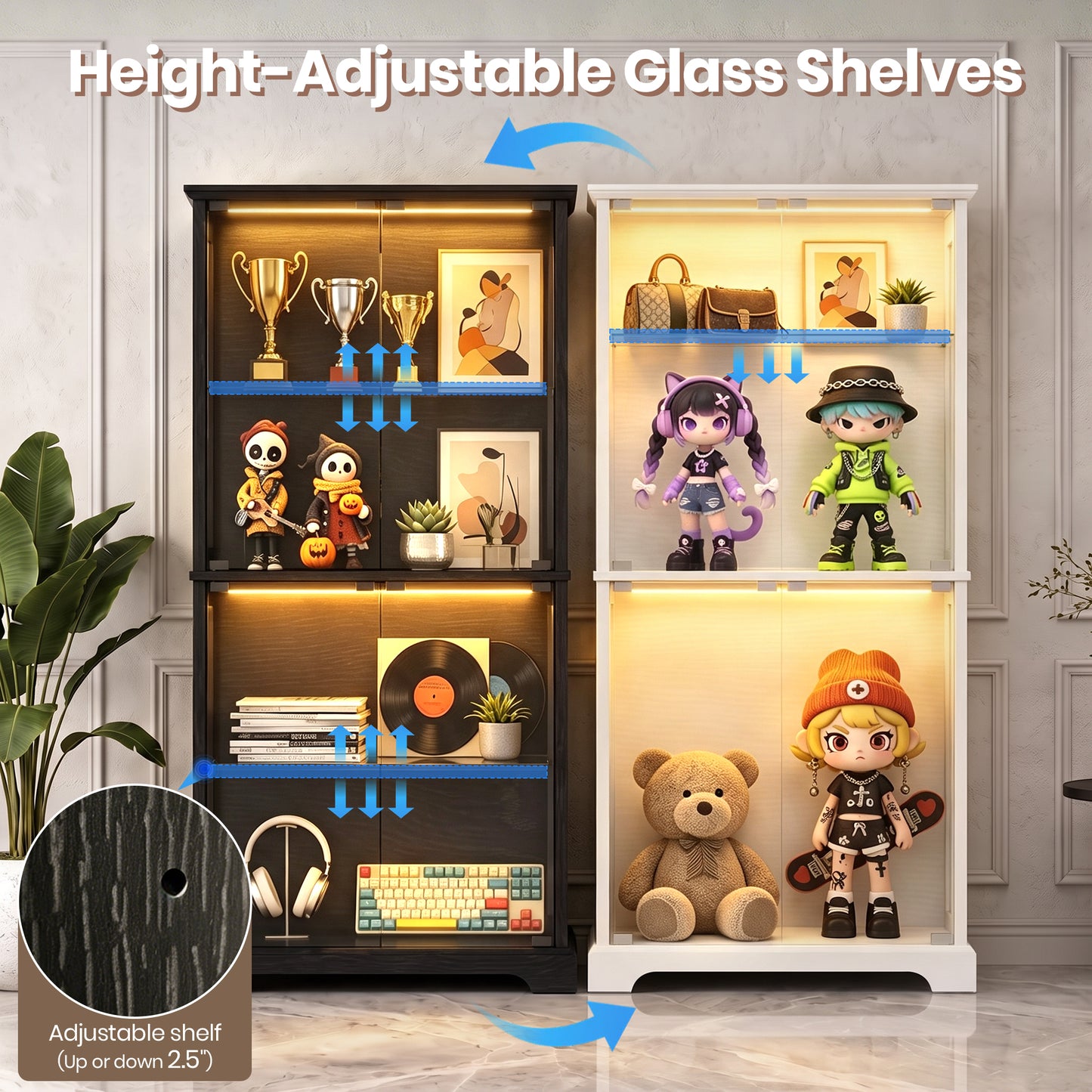 LUXAPA Display Cabinet with Glass Doors, 65" Storage Cabinet with LED Lights, 5-Tier Curio Cabinet & Bookshelf, Modern Collection Display Case for Living Room, Home Office, Black