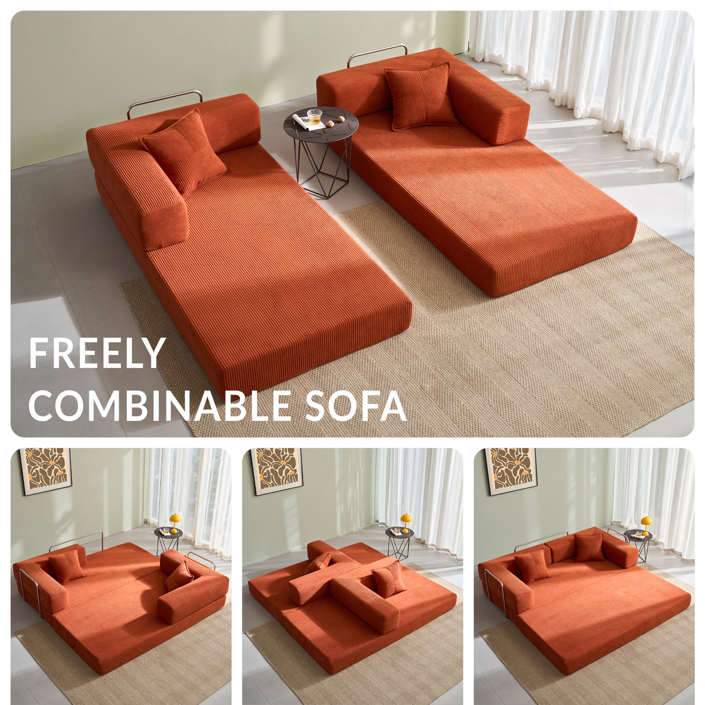 LUXAPA 62.9" Sleeper Sofa Bed, Comfy Modular 2-in-1 Convertible Couch, Corduroy Upholstered Loveseat, Deep Seat Sofa for Small Spaces, Modern Folding Guest Bed, No Assembly with 2 Pillows, Orange