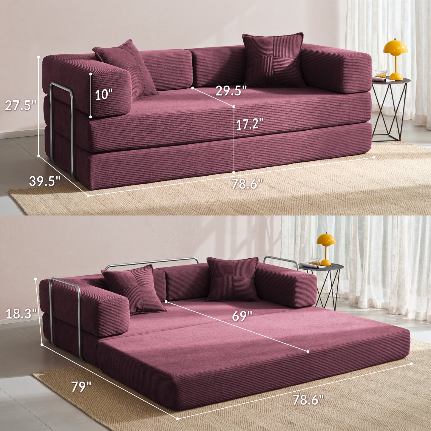 LUXAPA 81.6" Sofa Couch, Convertible Sleeper Sofa, Deep Seat Corduroy Sofa Bed for Living Room, Apartment & Small Spaces, Red