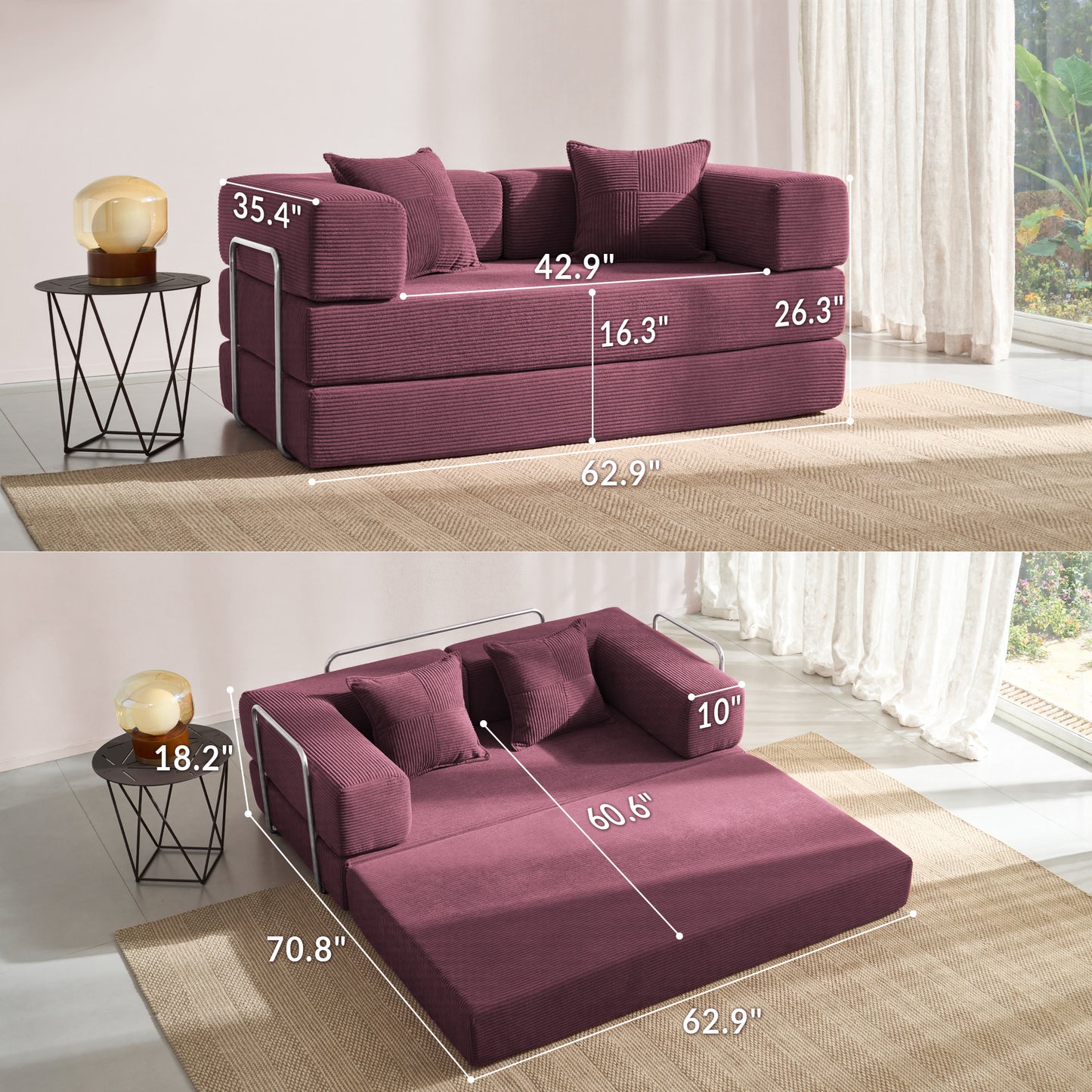 LUXAPA 62.9" Sleeper Sofa Bed, Comfy Modular 2-in-1 Convertible Couch, Corduroy Upholstered Loveseat, Deep Seat Sofa for Small Spaces, Modern Folding Guest Bed, No Assembly with 2 Pillows, Red