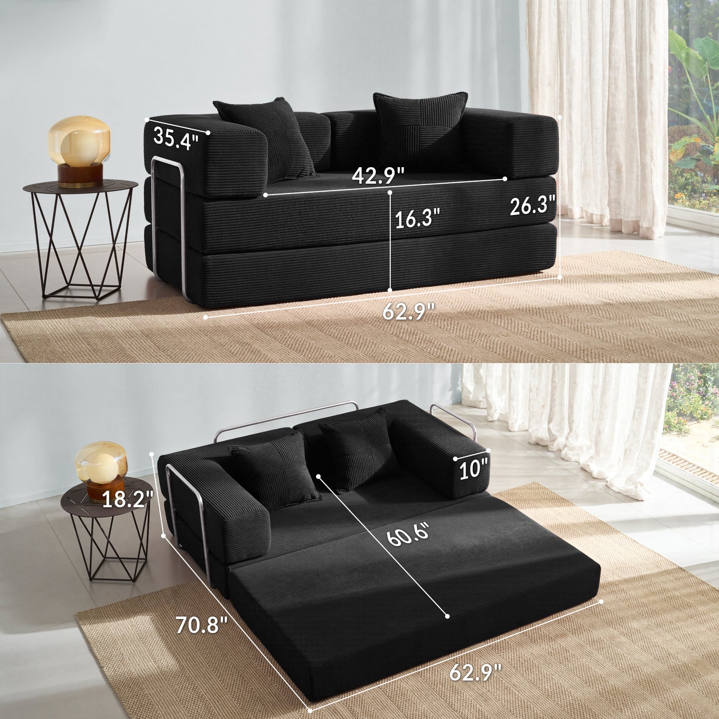 LUXAPA 62.9" Sleeper Sofa Bed, Comfy Modular 2-in-1 Convertible Couch, Corduroy Upholstered Loveseat, Deep Seat Sofa for Small Spaces, Modern Folding Guest Bed, No Assembly with 2 Pillows, Black