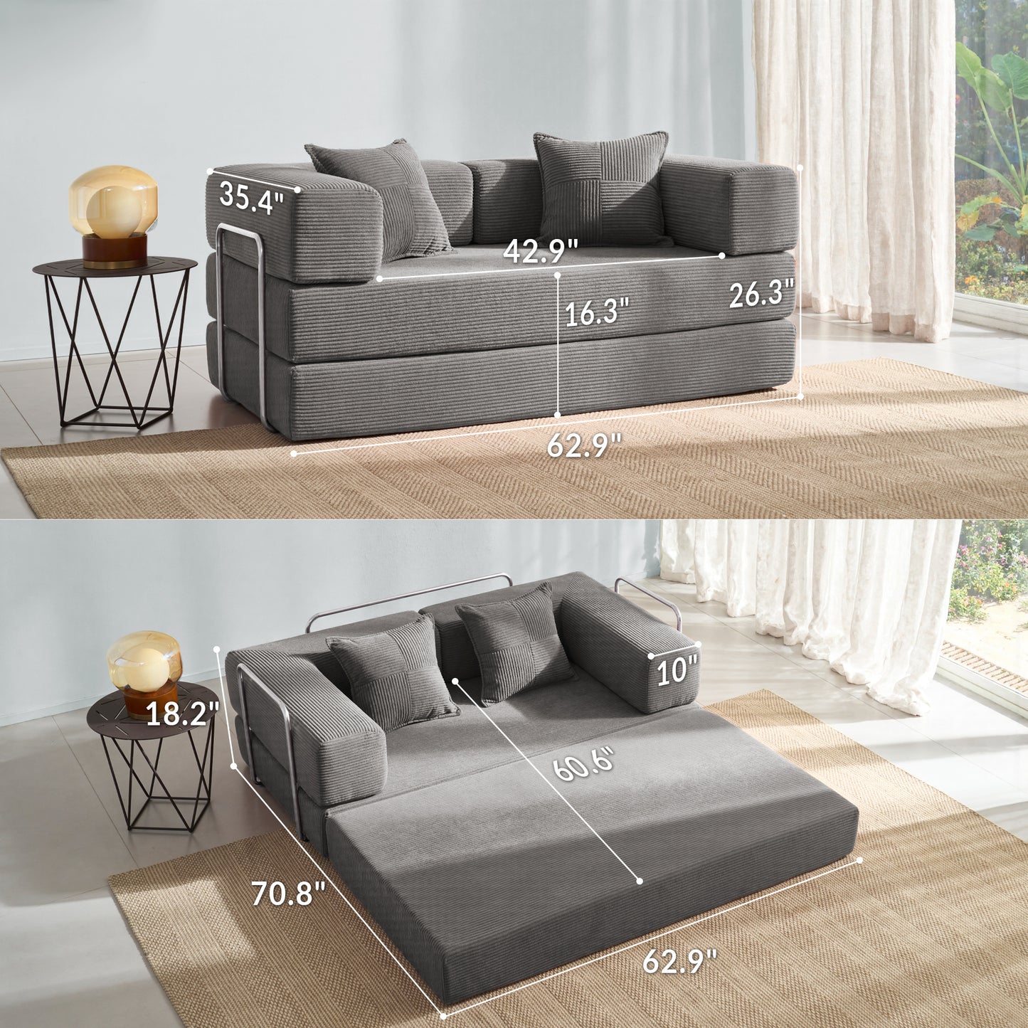 LUXAPA 62.9" Sleeper Sofa Bed, Comfy Modular 2-in-1 Convertible Couch, Corduroy Upholstered Loveseat, Deep Seat Sofa for Small Spaces, Modern Folding Guest Bed, No Assembly with 2 Pillows, Gray